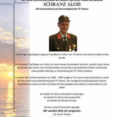 Alt-Kommandant und Ehrenmitglied der FF Tösens verstorben